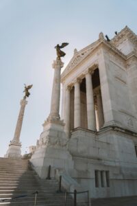 View of the Vittoriano Monument in Rome, showcasing its grand architecture and statues.